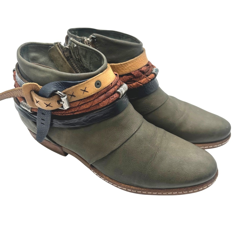 Vintage Y2K AS98 Women Olive Green Leather Strap Harness Ankle Boots 39/8.5 US